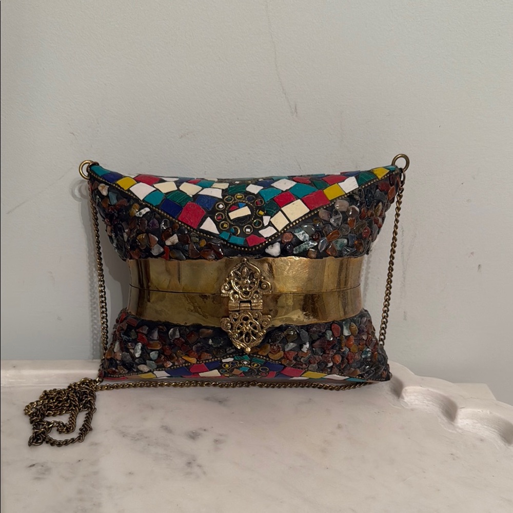 Multicolor Bohemian Mosaic Clutch with Gold Accents